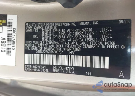 2005 Toyota Sienna Le из США, поврежденный, VIN 5TDZA23C05S380757